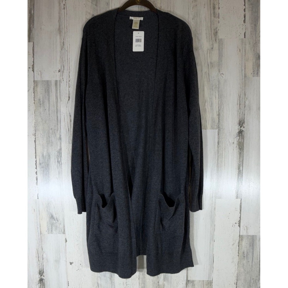 Matty M Cardigan XL Charcoal Gray Open Front Longline Pockets Minimalist Neutral
